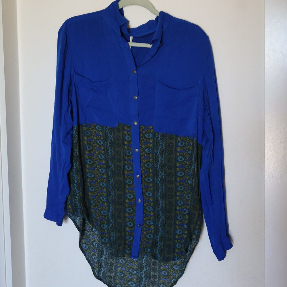 Free People Button Down Blouse Blue/Cobalt with Paisley Print